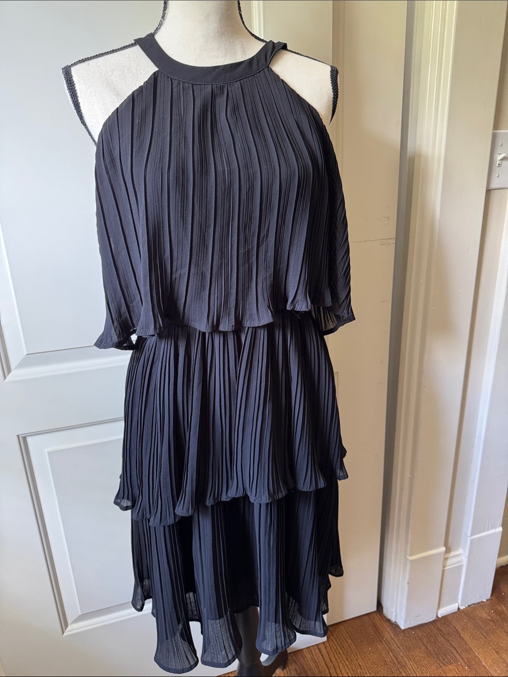 Black Pleated Tiered Halter Dress